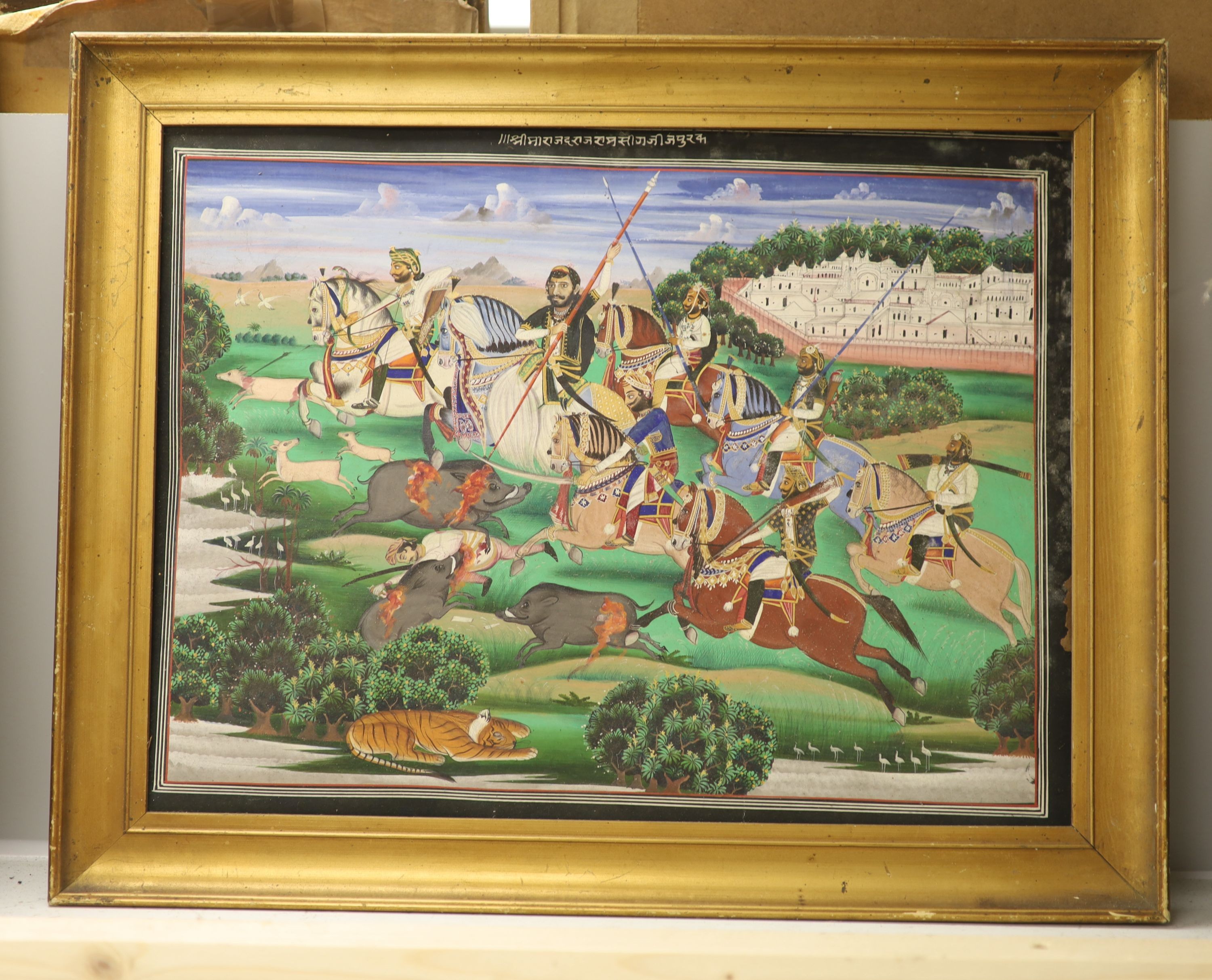 Indian School, gouache on paper, Hunting wild boar, 30 x 39cm